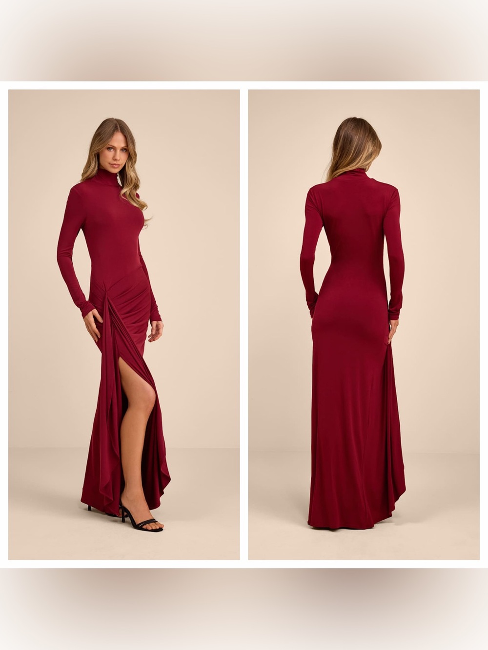 Lulu's Tassana Wine Red Jersey Knit Mock Neck Maxi Dress